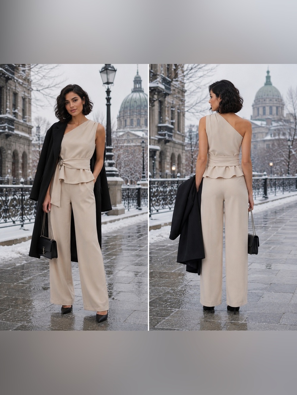 One-Shoulder Peplum Wide-Leg Jumpsuit in Light Beige